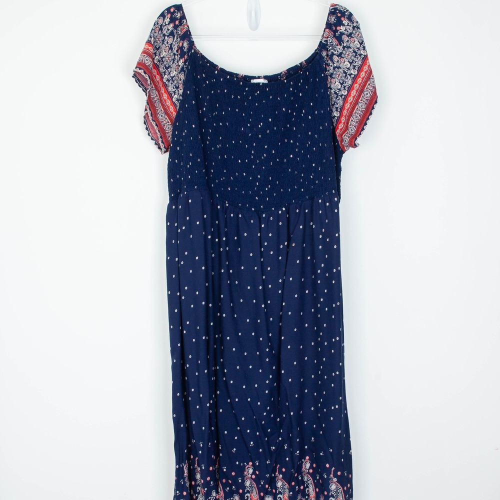 Avenue Blue Red Smocked Maxi Dress Paisley Floral Size 30/32 Cottagecore Stretch